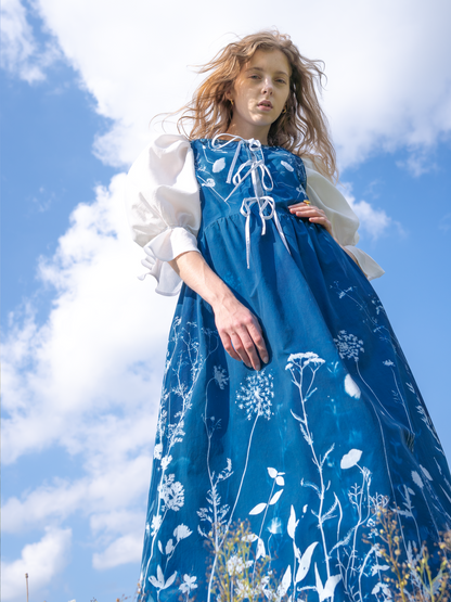 Sukienka maxi wiązana luźna cyjanotypia S-M