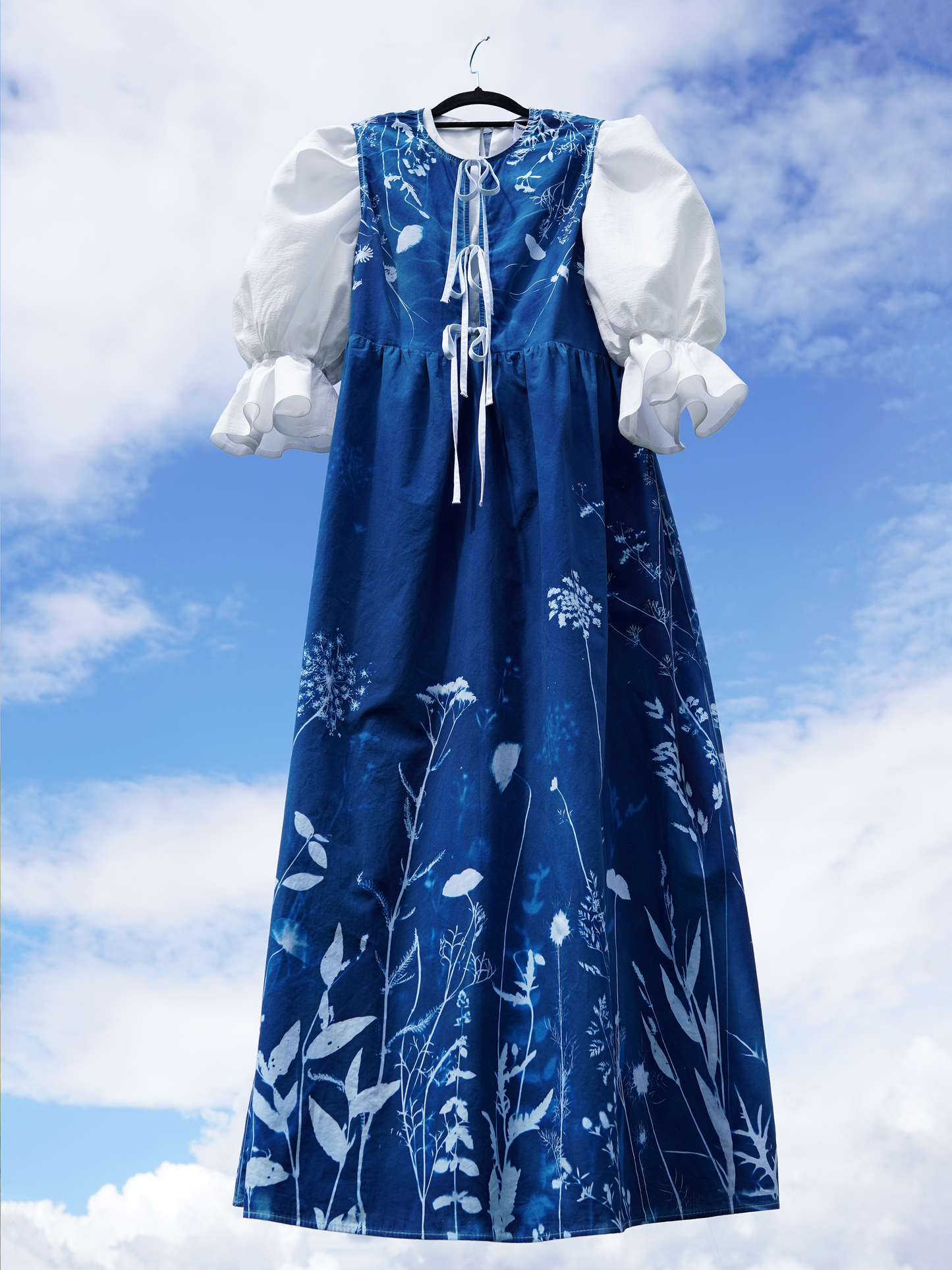 Sukienka maxi wiązana luźna cyjanotypia S-M