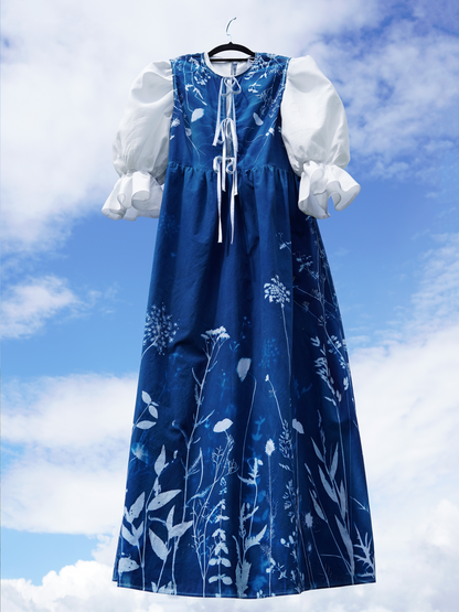 Sukienka maxi wiązana luźna cyjanotypia S-M