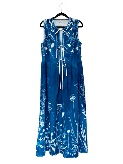 Sukienka maxi wiązana luźna cyjanotypia S-M