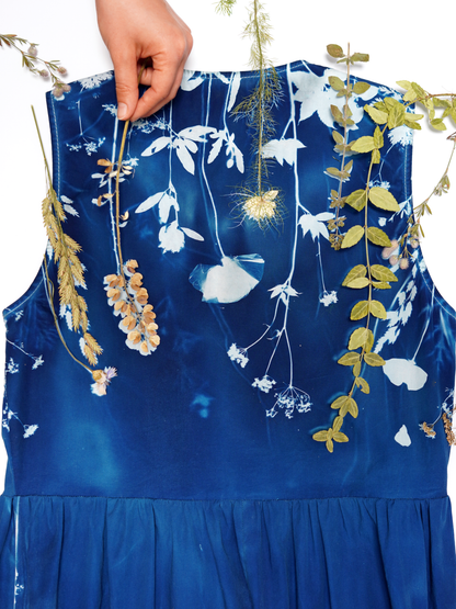 Sukienka maxi wiązana luźna cyjanotypia S-M