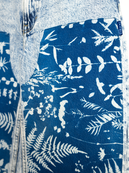 Jeansy z wysokim stanem szerokie cyjanotypia S