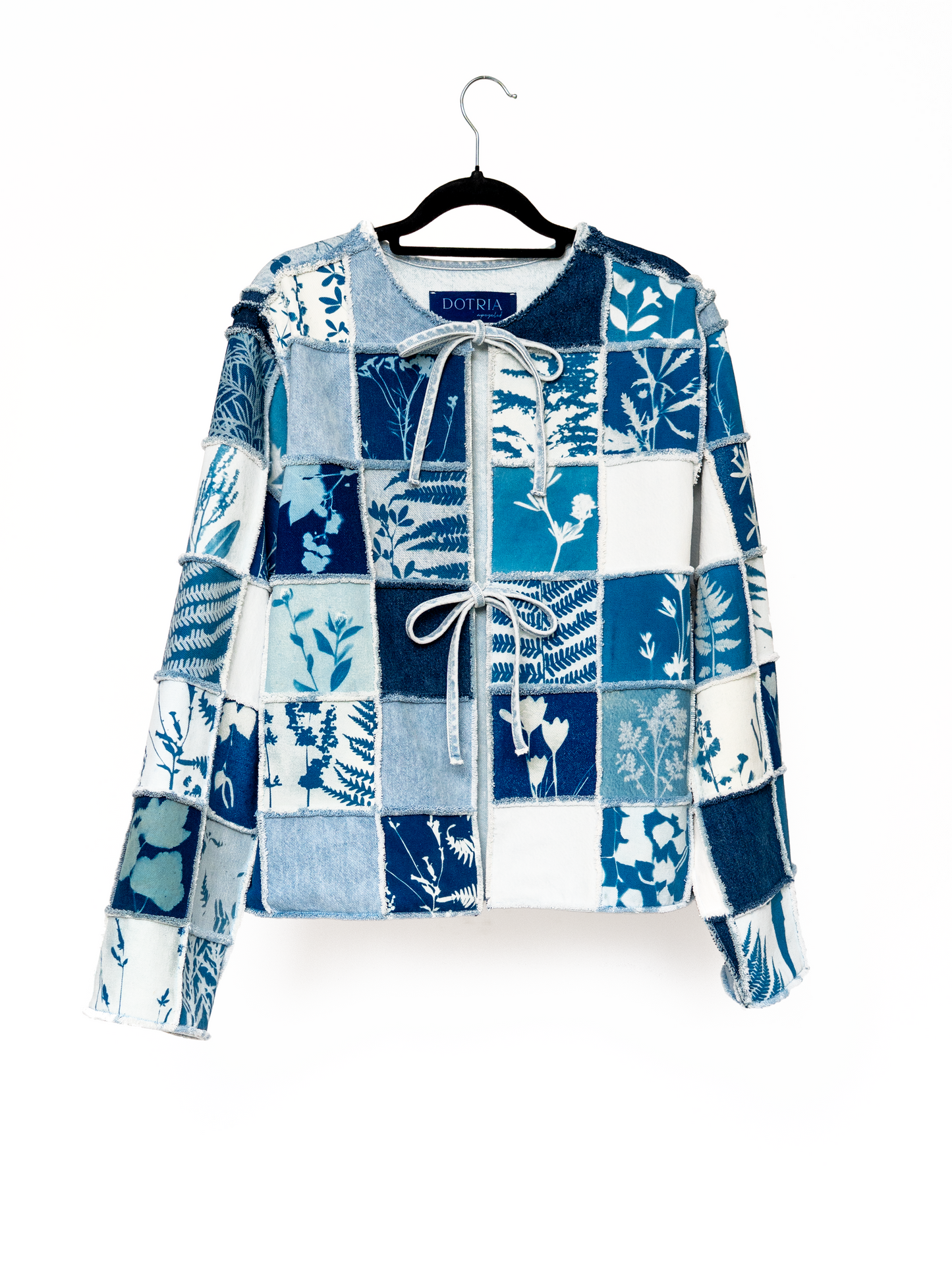 Kurtka jeansowa patchwork cyjanotypia surowe wykończenie oversize S-M