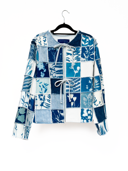 Kurtka jeansowa patchwork cyjanotypia surowe wykończenie oversize S-M