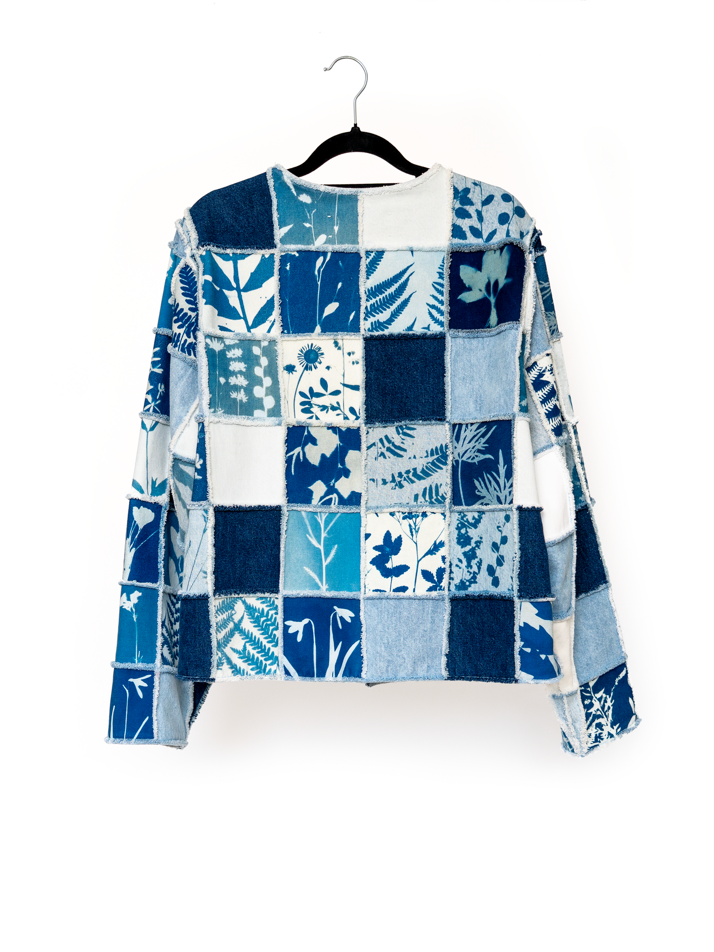 Kurtka jeansowa patchwork cyjanotypia surowe wykończenie oversize S-M