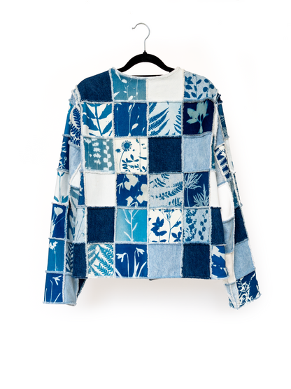 Kurtka jeansowa patchwork cyjanotypia surowe wykończenie oversize S-M