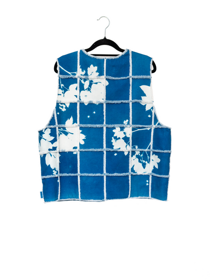 Kamizelka jeansowa patchwork cyjanotypia surowe wykończenie oversize S-L