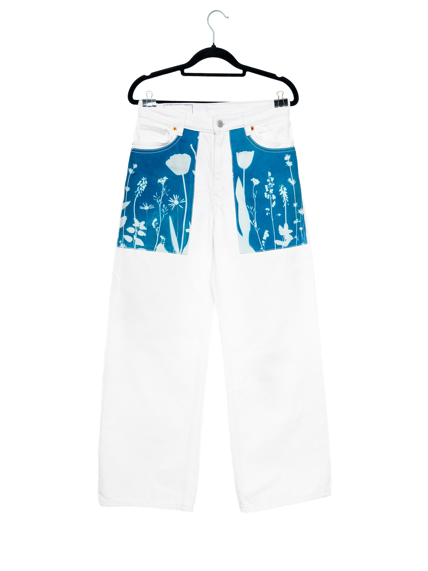 Jeansy z wysokim stanem duże kieszenie cyjanotypia S