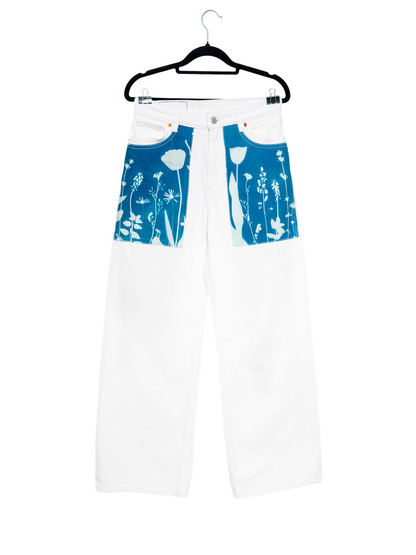 Jeansy z wysokim stanem duże kieszenie cyjanotypia S