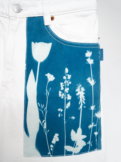 Jeansy z wysokim stanem duże kieszenie cyjanotypia S