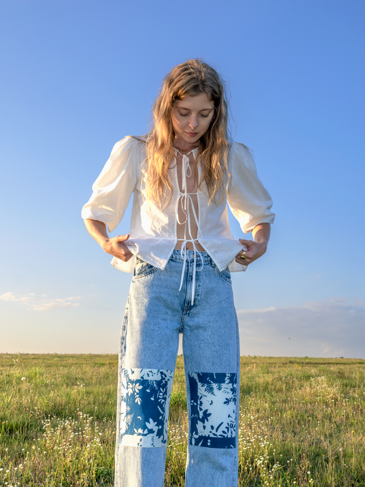 Jeansy z wysokim stanem szerokie cyjanotypia M