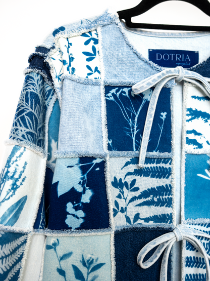 Kurtka jeansowa patchwork cyjanotypia surowe wykończenie oversize S-M